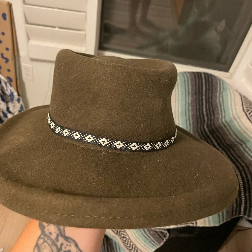 Cost Plus World Market Olive Green Wool Felt Wide Brim Hat with Beaded Band